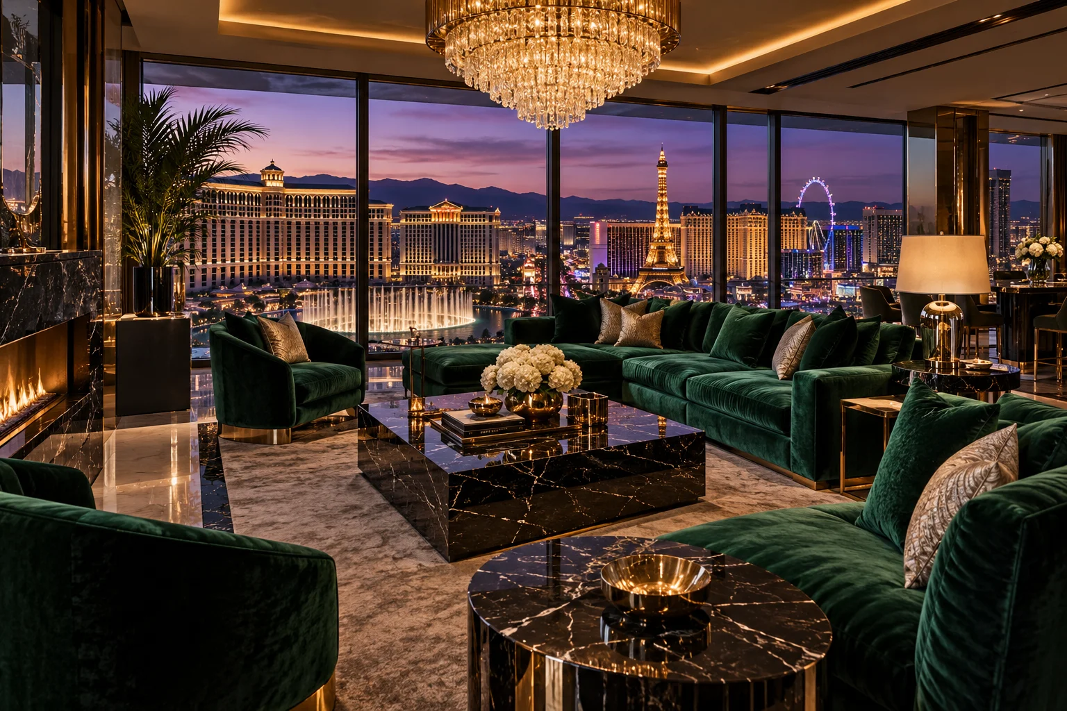 Emerald private lounge overlooking the Las Vegas skyline at twilight